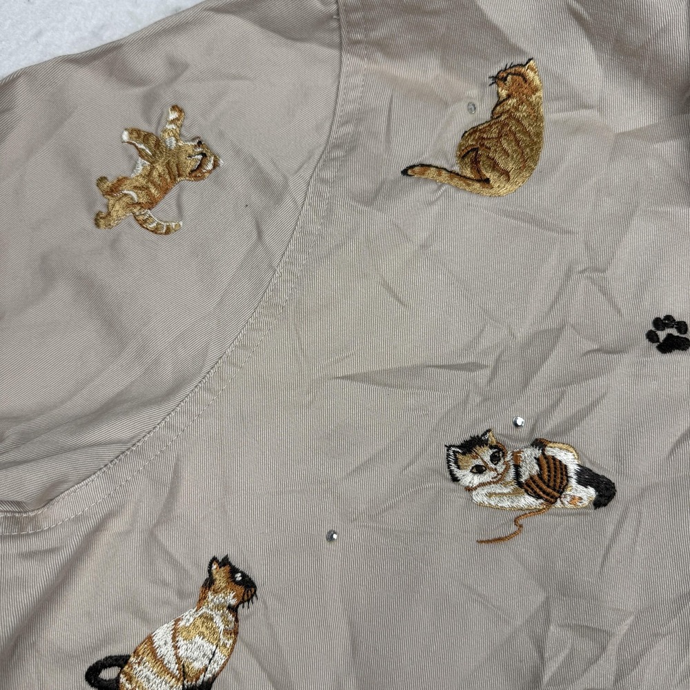 Quacker Factory Jacket Womens Large Beige Cat Embroidered Rhinestone Twill Zip - Picture 3 of 8